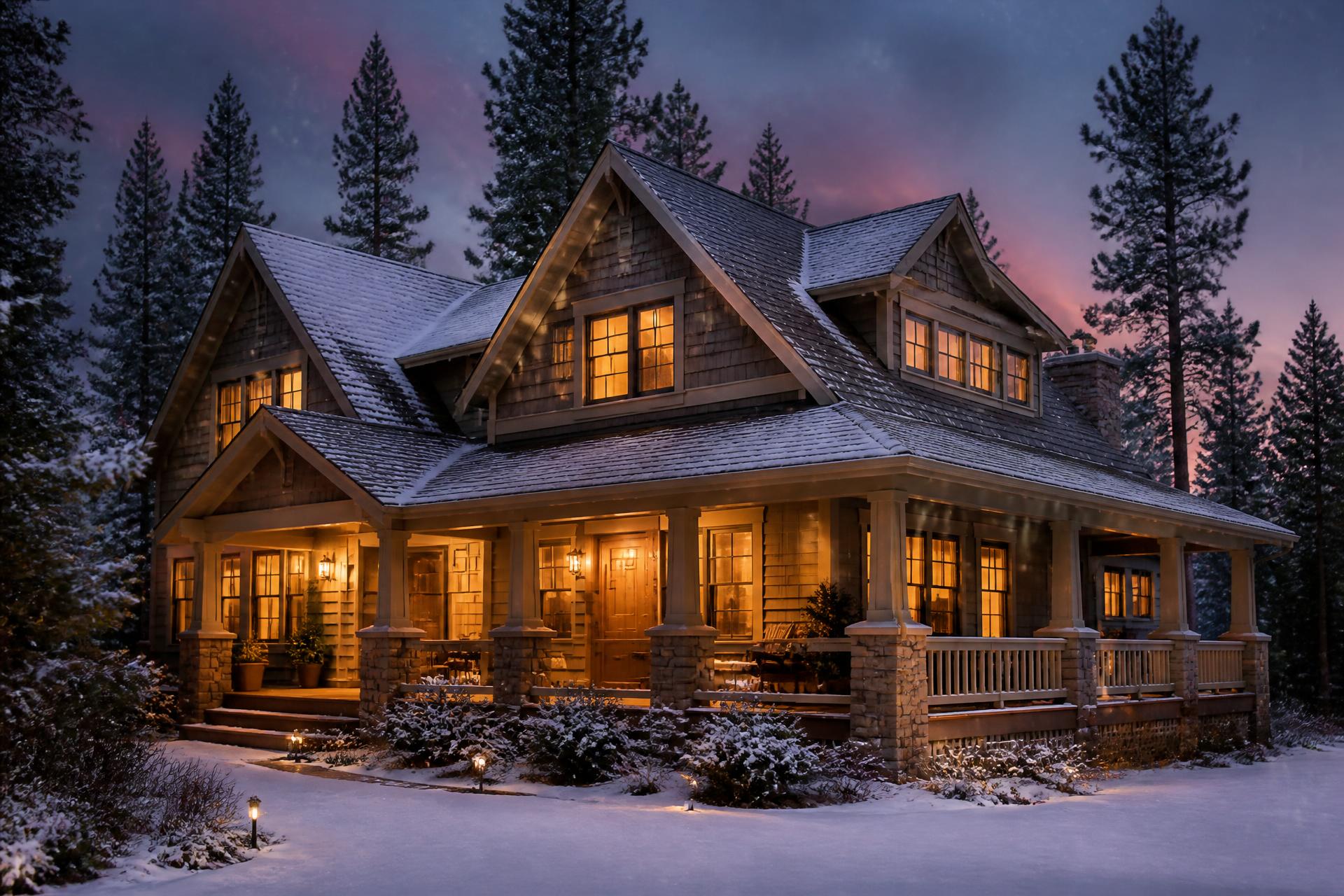Cozy craftsman home at dusk with warm glowing windows